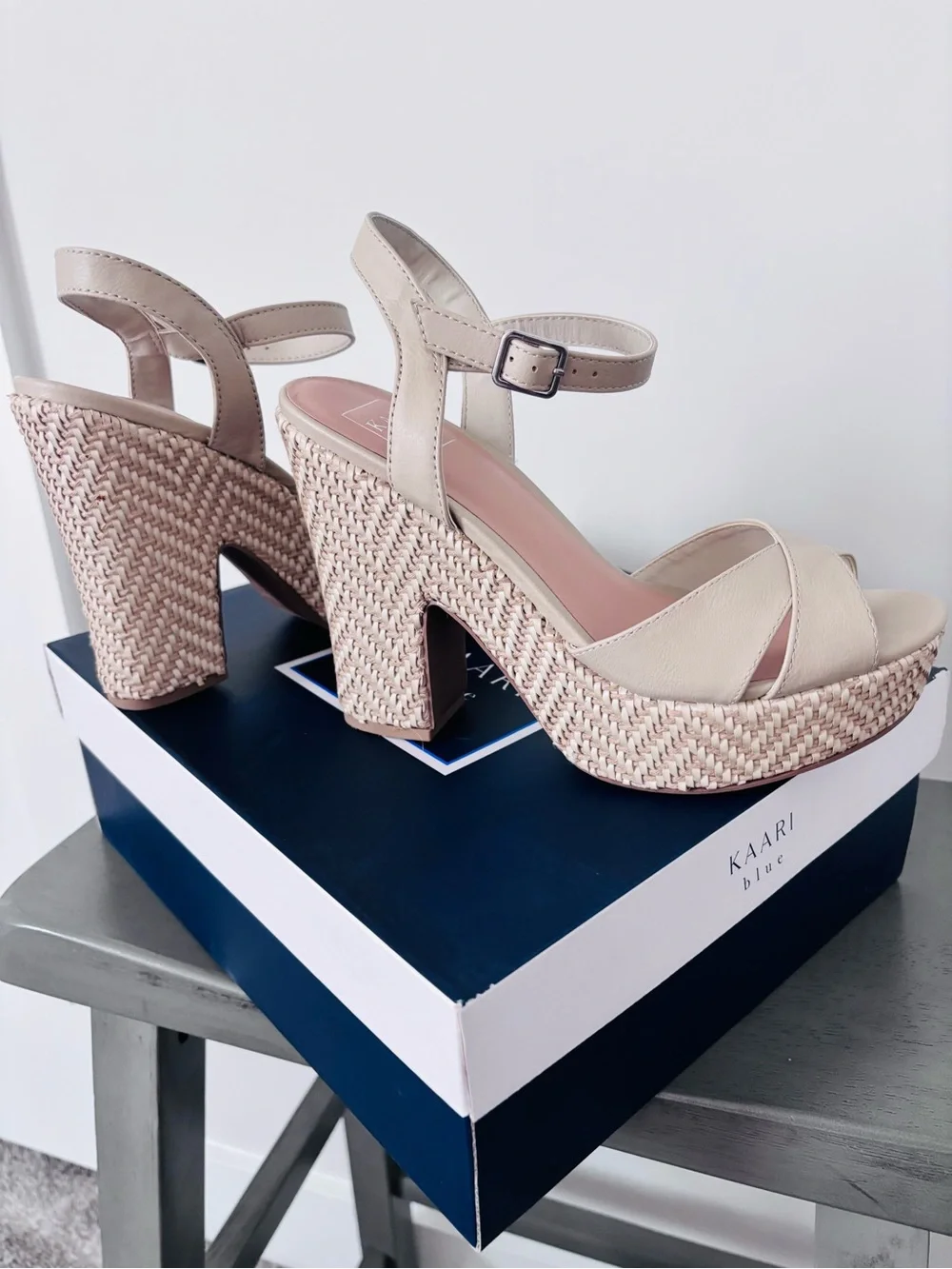 Kaari Blue Beige Woven Platform Sandals with Ankle Strap